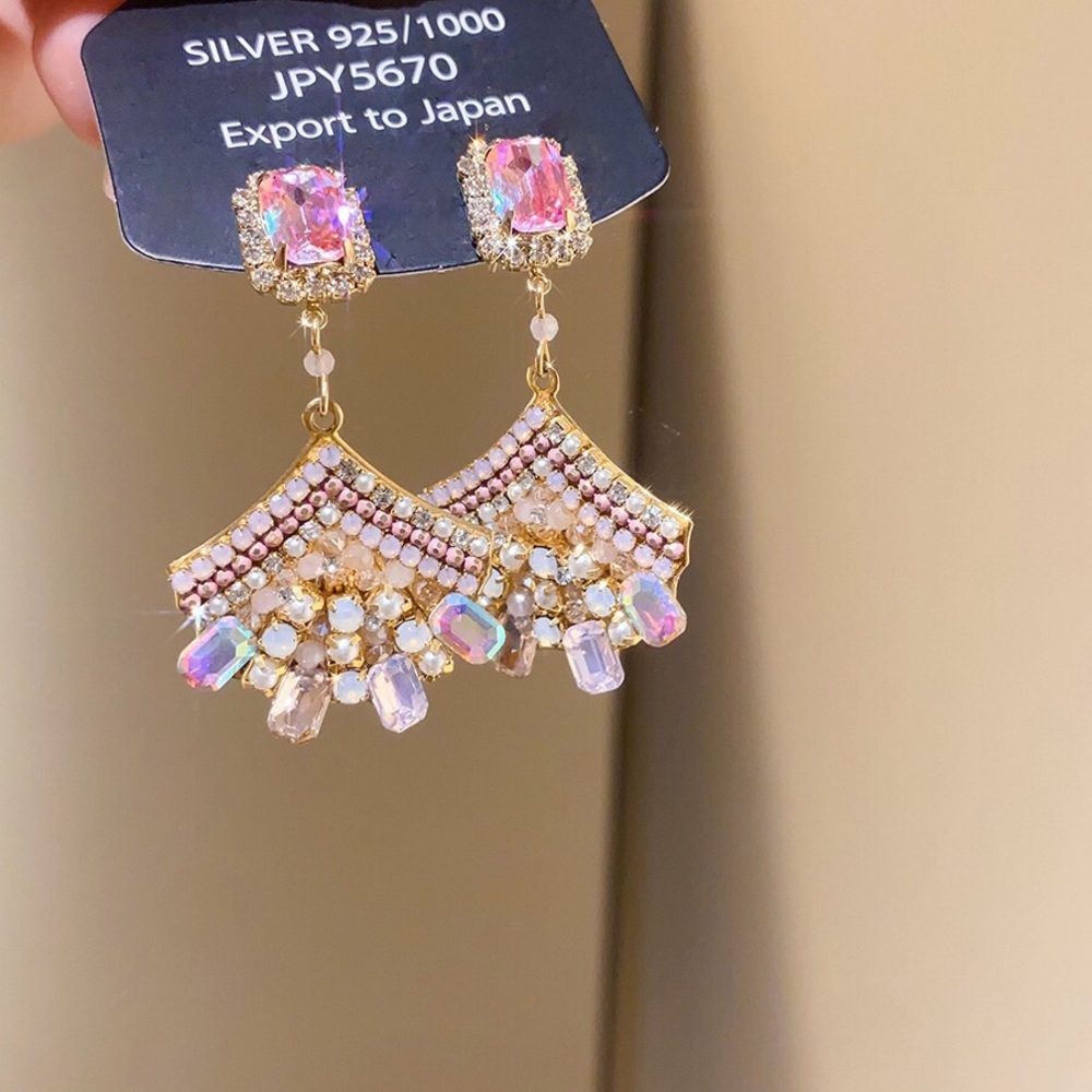 Gold Pink Crystal Fan Drop Earrings by